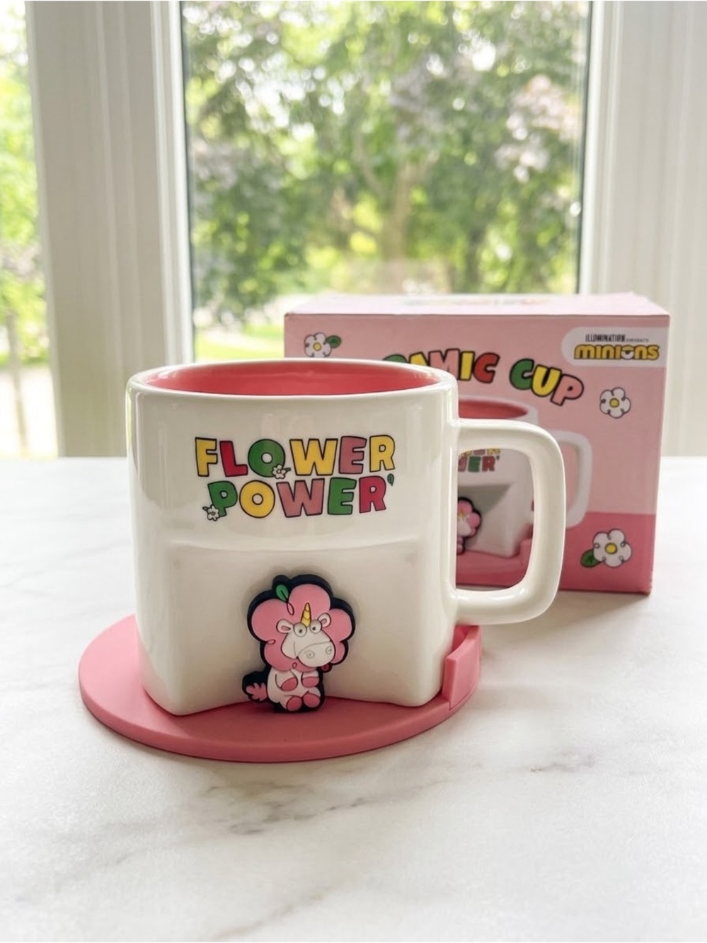 Minions Fluffy Unicorn Flower Power Ceramic Mug Cup & Coaster Lid Set NIB 390ml